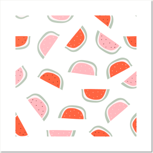 Red and pink watermelon slice with bones design on white background seamless pattern wallpaper backdrop. Posters and Art